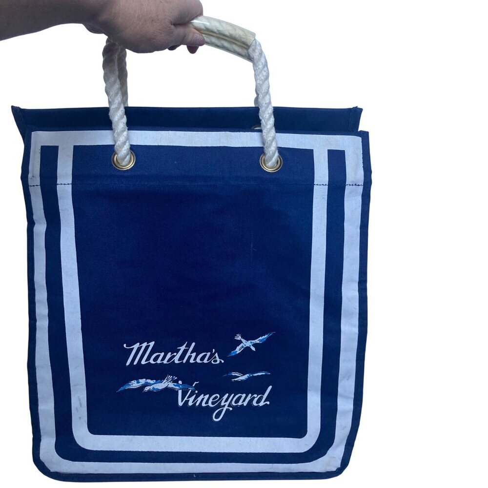 Vintage Marthas Vineyard Canvas Tote Bag Rope Handles Seagull 16x14 Preppy